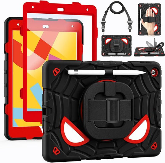 Grifobes for iPad 9th/8th/7th Generation Case 2021/2020/2019(10.2 inch), Full Body Protection with Screen Protector/Pencil Holder/Stand,Hand/Shoulder Strap for i Pad 9/8/7 Cover Black+Red