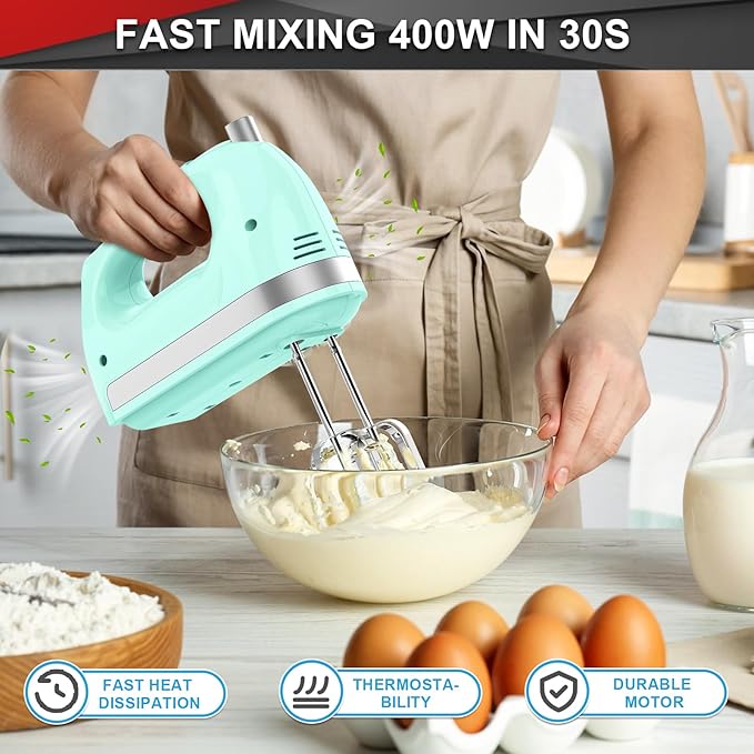 Lord Eagle Hand Mixer Electric Handheld 400W, 5-Speed Lightweight Kitchen Mixer with Storage Case, 5 Stainless Steel Attachments for Baking Cake Egg Cream Food Beater, Turbo+Eject Button, Green