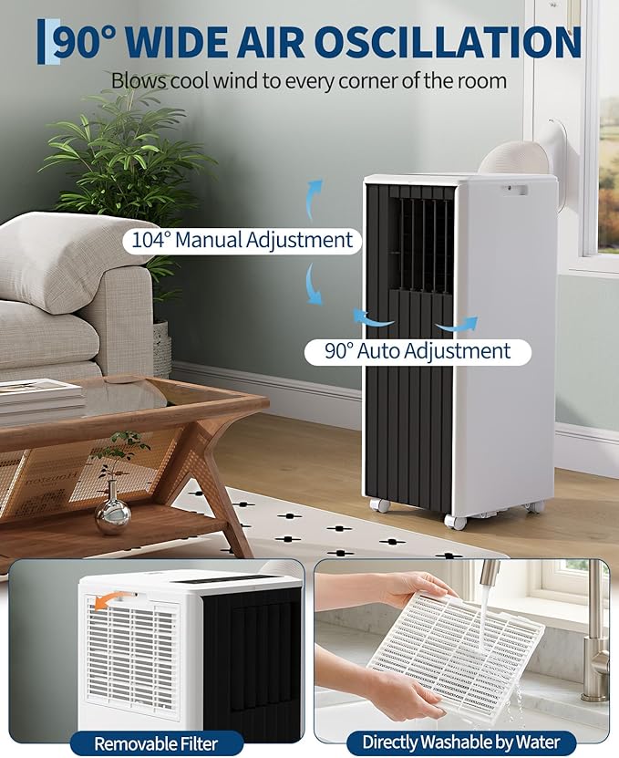 Garvee 8000 BTU Portable Air Conditioner, 3-in-1 Portable AC Cooling, Dehumidifying & Fan for Bedroom, Apartment, Dorm & Rooms Up to 350 Sq. Ft, Sleep Mode, 24-Hr Timer, Remote, Window Kit, Black