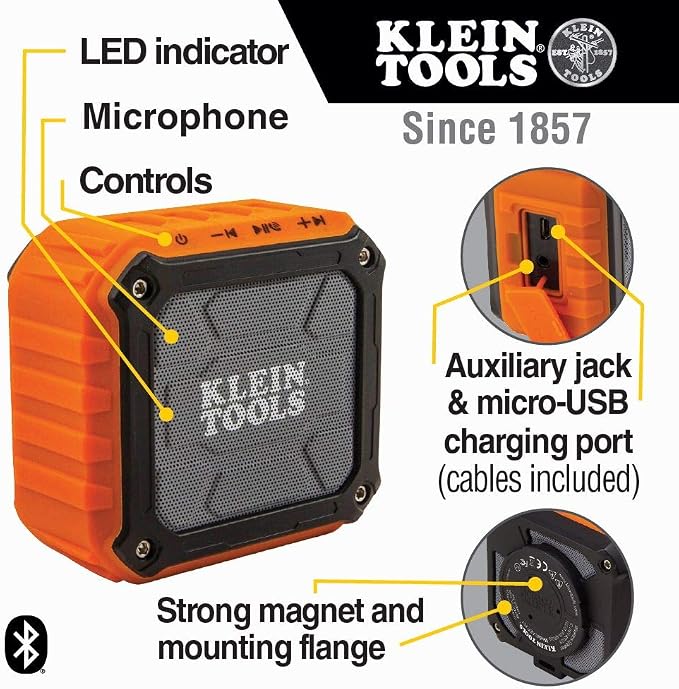 Klein Tools AEPJS2 and AEPJS1 Bluetooth Speakers With Magnetic Strip, Hook, Wireless Portable Jobsite Audio, Hands-Free Calls, IPX5 Waterproof, Worksite Ready