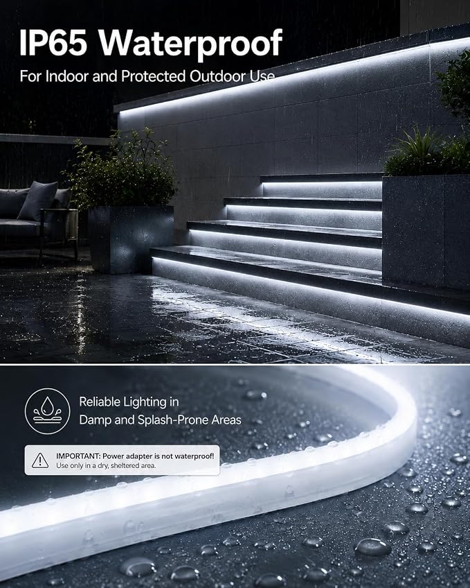 Neon Light Strips, Cool White Dimmable LED Strip Lights, 16.4ft/5m Flexible Waterproof LED Neon Rope Lights DIY LED Strip Lights for Gaming Bedroom Outdoor Decor (Power Adapter Included)