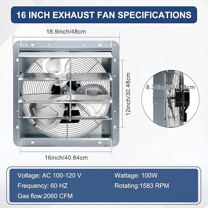 Criditpid 16 Inch Wall Mounted Shutter Exhaust Fan with ON/OFF Switch, High-Speed, Low-Noise Pure Copper Motor, Wall Exhaust Fan for Gable, Shed, Garage, Greenhouse, Kitchen, Attic, 2060CFM, 1583RPM.