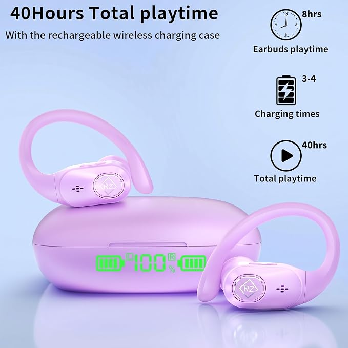 Wireless Earbuds Bluetooth Headphones 96H Playtime LED Display Waterproof Built in Mic Deep Bass Sound Secure Over Ear buds Earhooks for iPhone Android Samsung Cell Phones Sport Workout Gaming Running