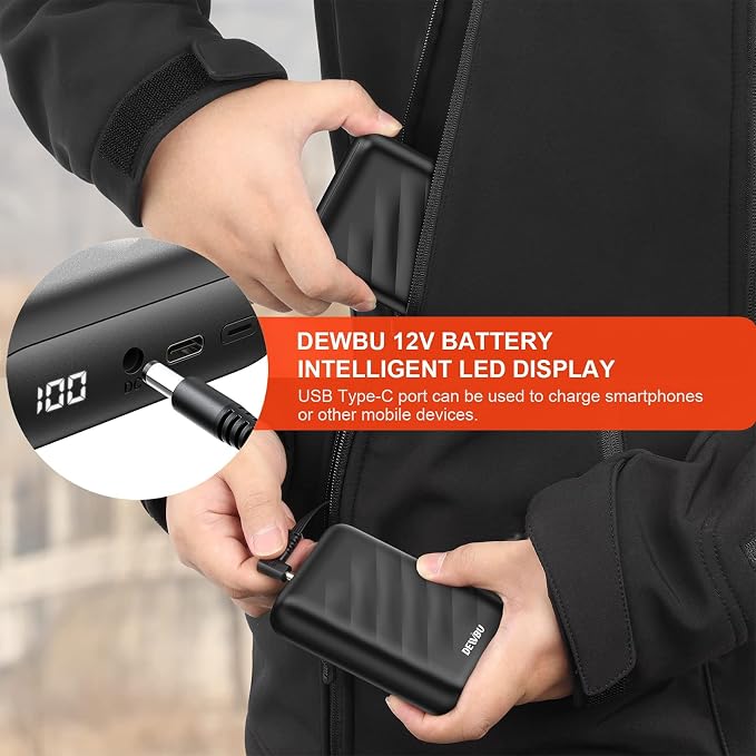 DEWBU Power Bank 12V Battery with Intelligent Led Display Battery Charger for Heated Jacket, Outdoor Electric Heating Coat, iPhone, iPad, Samsung Galaxy, Android, and Other Smart Device