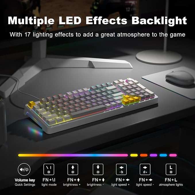 MOFII AK96 Mechanical Gaming Keyboard, Full Keys LED Backlit Programmable, Plug and Play USB A/C Wired Computer Custom Keyboard with Sound/Light Control Knob for Win/Mac - Gray & White
