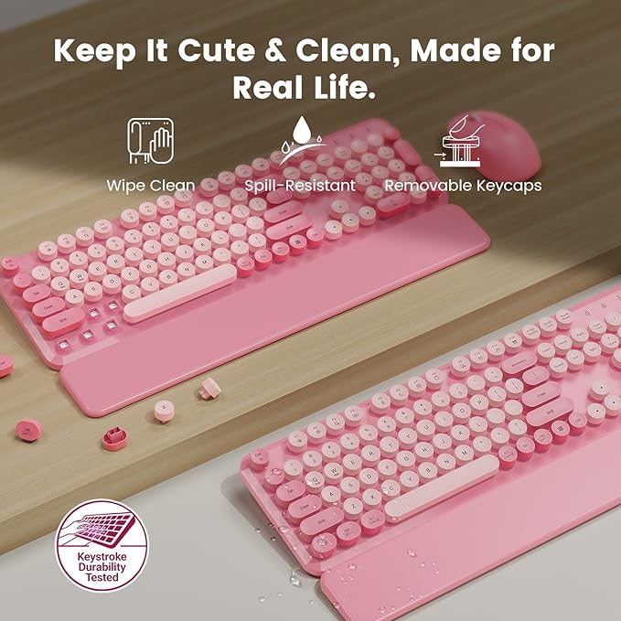 Wireless Keyboard and Mouse Combo with Magnetic Wrist Rest, Round Keycaps, Full-Size Retro Typewriter-Style, Two-Stage Tilt Legs, Auto-Sleep, 2.4G Wireless for Windows Mac Laptop PC, Soft Blush Pink