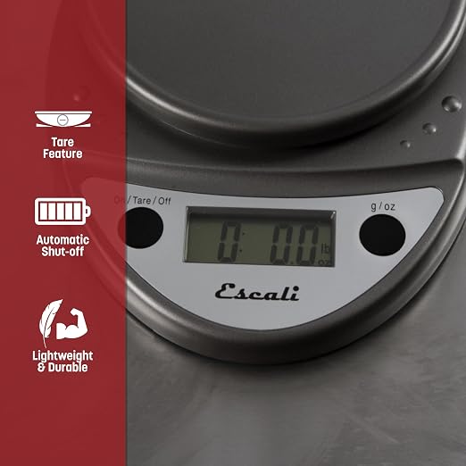 "Escali Primo Digital Kitchen Scale –SCDG11M Digital Food Scale Grams and Ounces for Cooking, Baking, Restaurants, Compact Design, Battery Operated, Removable Platform, 11lb/5kg, Metallic Gray"