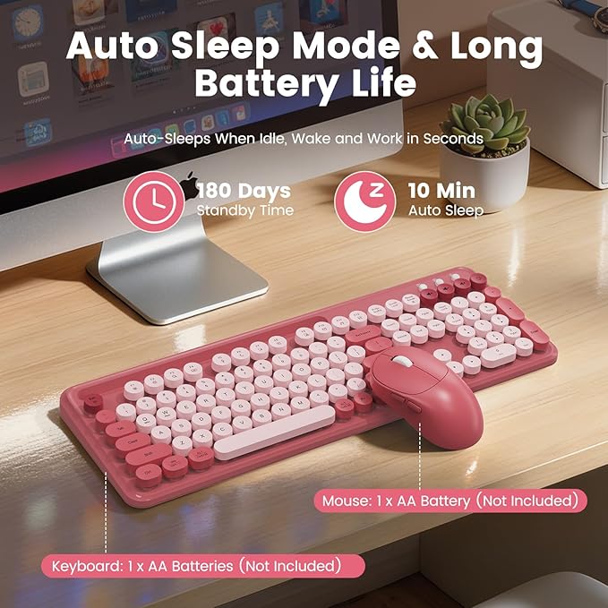 Wireless Keyboard and Mouse Combo, Retro Round Keycaps, Full-Size Stylish Typewriter Keyboard with Large Phone/Tablet Holder, 3-Level DPI Ergonomic Mouse, 2.4GHz Cordless for Windows PC, Rose Pink