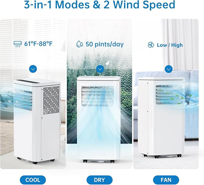 Portable Air Conditioner, 8000 BTUs 3-IN-1 Quiet AC Unit with Remote Control, Portable Air Conditioner Built-in Dehumidifier, Fan, Auto, Sleep Modes, Exhaust Hose & Window Kit, White