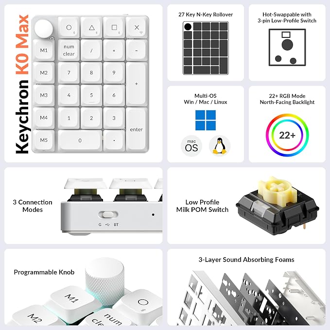 Keychron K0 Max QMK Wireless Custom Number Low-Profile RGB Backlit (Hot-Swappable) Banana Switch Keypad, 2.4 GHz & Bluetooth 5.3 Connection, 1000Hz Polling Rate - White