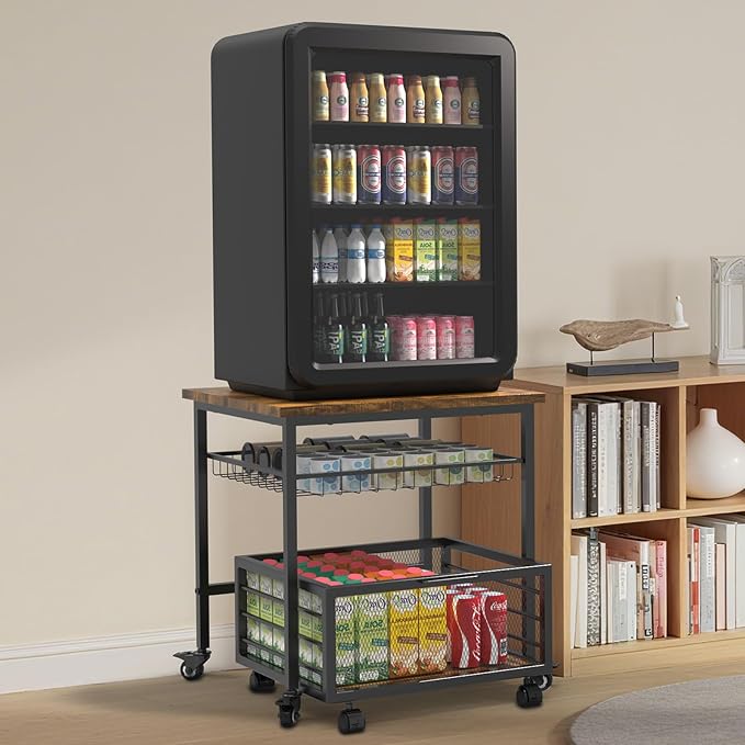 Mini Fridge Stand with Storage, 260LBS Heavy Duty Compact Refrigerator Shelf, 19.7 * 19.7" Movable Mini Fridge Table, Coffee Bar with Lockable Wheels for Kitchen, Home, Office or Dorm