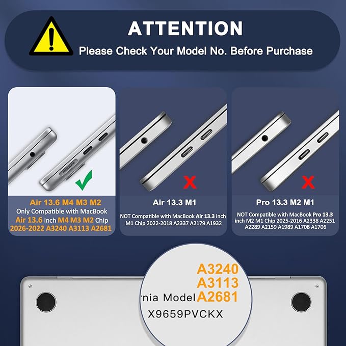 MOSISO Compatible with MacBook Air 13 inch Case M5 M4 M3 M2 2026-2022 A3449 A3240 A3113 A2681,Protective Hard Case&Keyboard Skin&Screen Film&Type C with TPU Bumper for MacBook Air 13.6, Midnight Clear