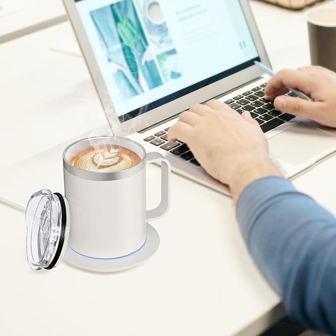 Coffee Warmer with Mug Set, Self Heating Coffee Cup, USB Powered Heated Mug Maintains 131°F, for Office & Home (Off White-12oz)