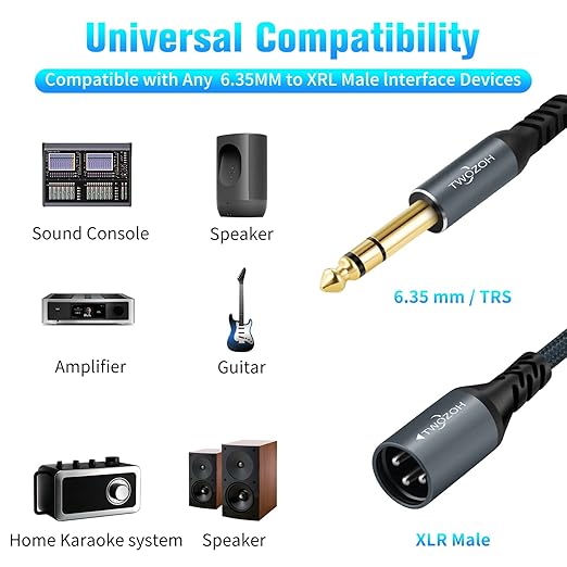 Twozoh XLR Male to 1/4 TRS Stereo Audio Cable 30FT 2 Pack, Braided Jack 6.35mm to XLR Male 3Pin Guitar Cable (Professional/HiFi)