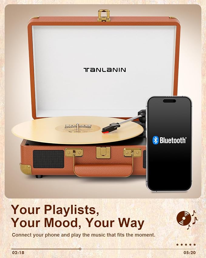 Vinyl Record Player Bluetooth Vintage 3-Speed Portable Suitcase Turntables with Built-in Speakers, Belt-Driven LP Player Support USB Recording AUX-in RCA Line Out Headphone Jack, Brown