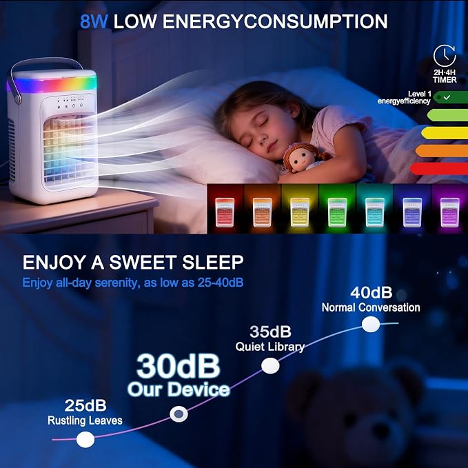 2026 New 4-in-1 Portable Air Conditioner, Sound ≤30dB Mini AC Unit, 12H Runtime, 1000ML Evaporative Air Cooler, 3 Speed & 2 Mist, Remote, USB, Timer, 7-Color LED for Bedroom Office Car - 1 PCS