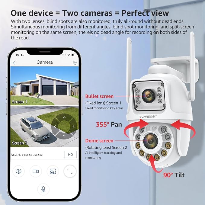 BOAVISION 5G/2.4G WiFi Outdoor Security Camera, Wireless PTZ Dual Lens, 360° View, AI Human Tracking, Color Night Vision, 24/7 Recording, Two-Way Audio, Cloud & SD Card Storage