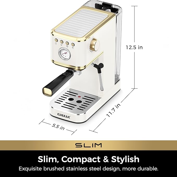 CHULUX Slim Espresso Machine with Milk Frother, 20 Bar Professional Italian Pump Espresso Coffee Machine for Home Cappuccino & Latte Maker, Stainless Steel, White and Gold