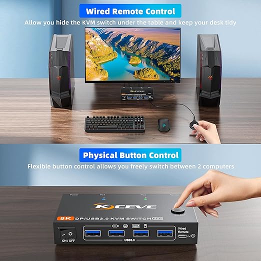 KCEVE KVM Switch 2 Computer 1 Monitor Displayport 4K@240Hz 8K@60Hz, USB 3.0 KVM Switch Displayport 2.1 for 2 PC Share 4 USB Devices Keyboard Mouse,Wired Remote(8K DP 2 in 1 Out KVM)