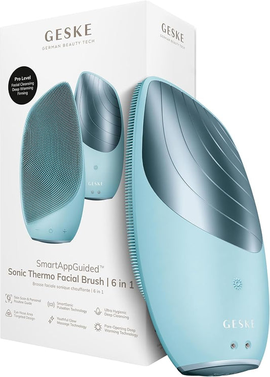 GESKE SmartAppGuided Sonic Thermo Facial Brush | 6 in 1 | Skin Cleansing | Cleansing Brush with Thermal Function | Electric Facial Massager
