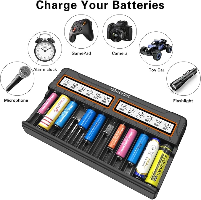 18650 Battery Charger, Senyulian 12 Bays Smart Universal Charger LCD Display for Rechargeable Batteries Ni-MH Ni-Cd AA AAA Li-ion LiFePO4 IMR