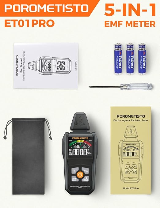 EMF Meter Radiation Detector, ET01Pro EMF Detector, 5-in-1 Electromagnetic Field & Radio Frequency Detector for Home Use & Office EMF Inspections, Ghost Hunting Equipment