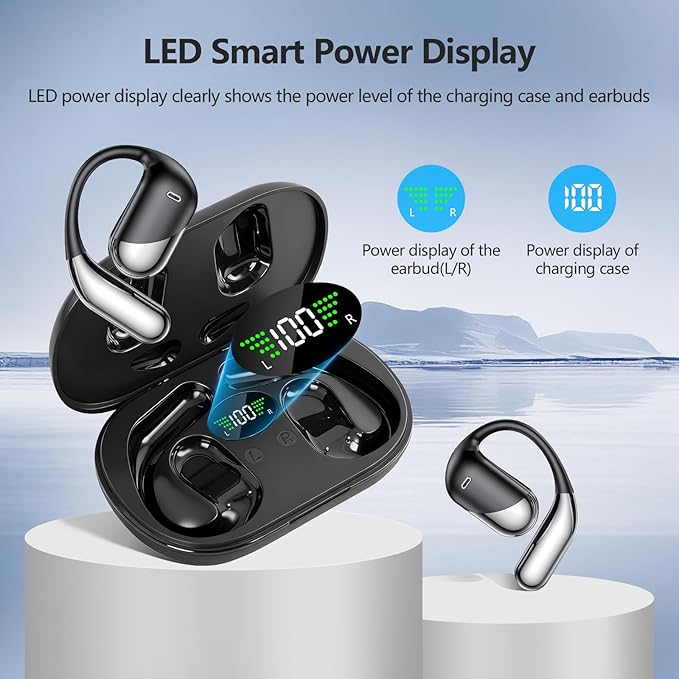Open Ear Bone Conduction Headphones，,Over Ear Earbuds with Ergonomic Earhook,Bluetooth Headphones 5.4 with Smart Digital Display,50H Playtime Translation Earbuds Real Time - AI 144 Language