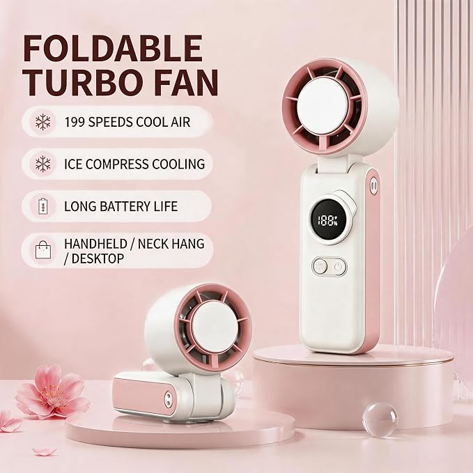 Portable Handheld Air Conditioners Fan with Semiconductor Ice Cooling,199 Speed Strong Wind,6000mAh Rechargeable,3-in-1 Mini AC Cooler Fan(Hand/Neck/Desk),Personal Turbo Fans for Outdoor Travel (Pink）