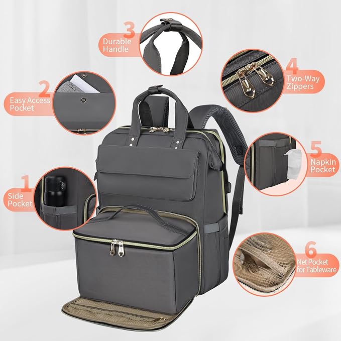 BERTASCHE Lunch Backpack for Women, 15.6 Inch Laptop Backpack with Insulated Cooler Lunch box, Nurse Backpack for Teacher Work Travel College Picnic,Grey