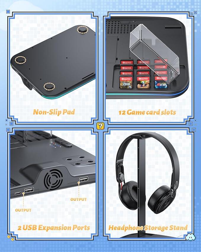 [Switch 2/1 Compatible] FASTSNAIL Charging Dock & Orgainzer Station & Cooling Fan for Nintendo Switch 2/1/OLED, Storage Stand for JoyCon 2/1 with 12 Card Slots, Controller/Headset Holder, 9 RGB Modes