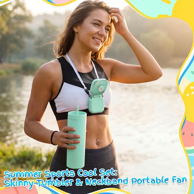 Reallnaive 12 Pcs Skinny Tumbler Bulk and Mini Portable Fans Set for Summer, 16 oz Plastic Cups with Lids Straws and Small USB Rechargeable Handheld Fan for Cooling Gift (Green)