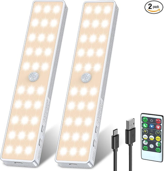 Racokky Under Cabinet Lights, 2 Pack Rechargeable Motion Sensor Closet Lighting, Dimmable RV Step Lights Stick-Anywhere LED Night Bar for Kitchen, Wardrobe, Stairs (Warm)