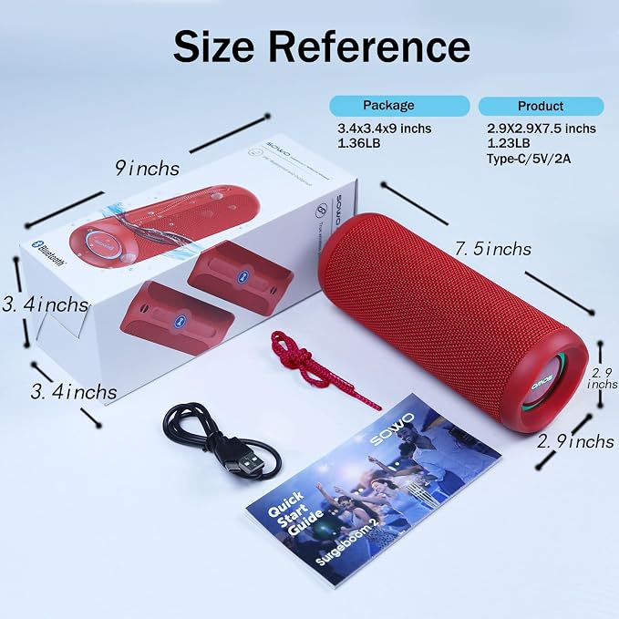 SOWO Portable Bluetooth Speaker, Waterproof IPX7, 25W Loud Wirelss Speaker | Big Audio and Punchy Bass, LED Light with TWS Pairing, 16H Playtime, Outdoor for Party, Beach, Travel, Girls Gifts - Red