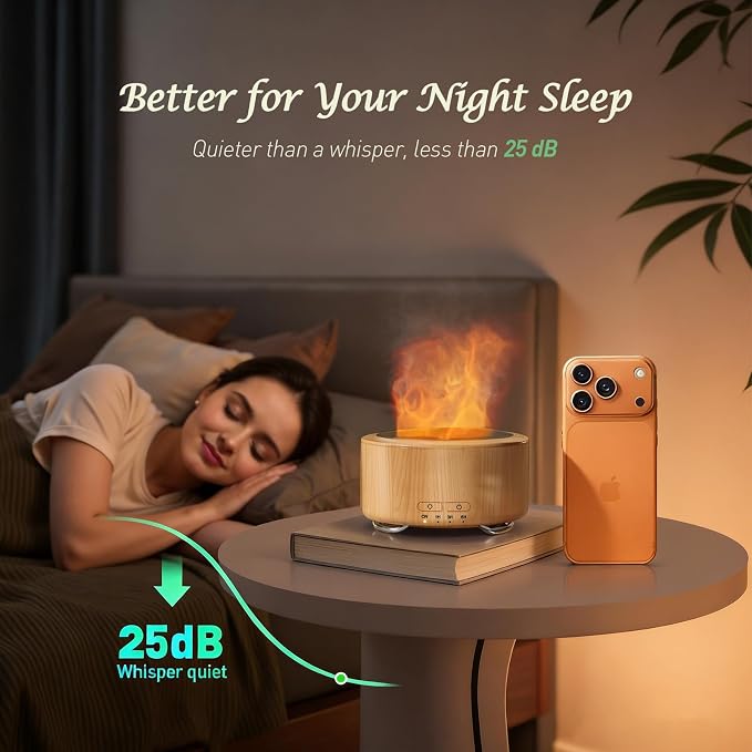 Essential Oil Diffuser for Home: 500ML Aroma Diffuser with Fireplace Flame Light & 9 Colors LED - Quiet <25dB Cool Mist Humidifier for Bedroom Office Yoga Room
