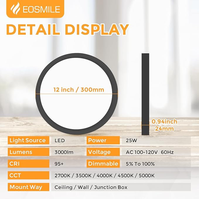 4Pack 12 Inch LED Flush Mount Ceiling Light, 25W, 3000LM, CRI 95+, 2700K-5000K 5CCT & Dimmable, Black Round Surface Flat Panel Light for Hallway, Kitchen, Bedroom, Laundry Room