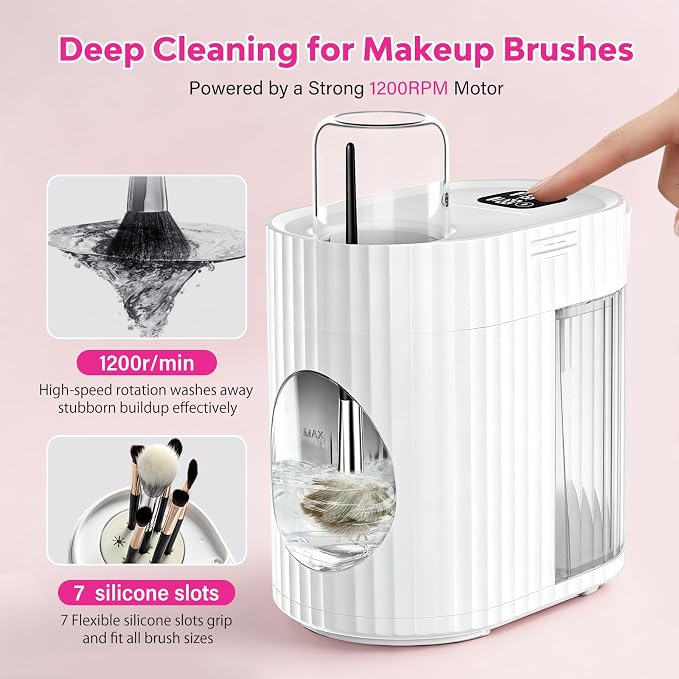 Electric Makeup Brush Cleaner Machine, 3-IN-1 Automatic Cleaning & Fast Drying, 1200RPM High-speed Spinning, Adjustable Timer, LED Display, 7 Slots for All Brush Sizes, USB Powered, Pure White