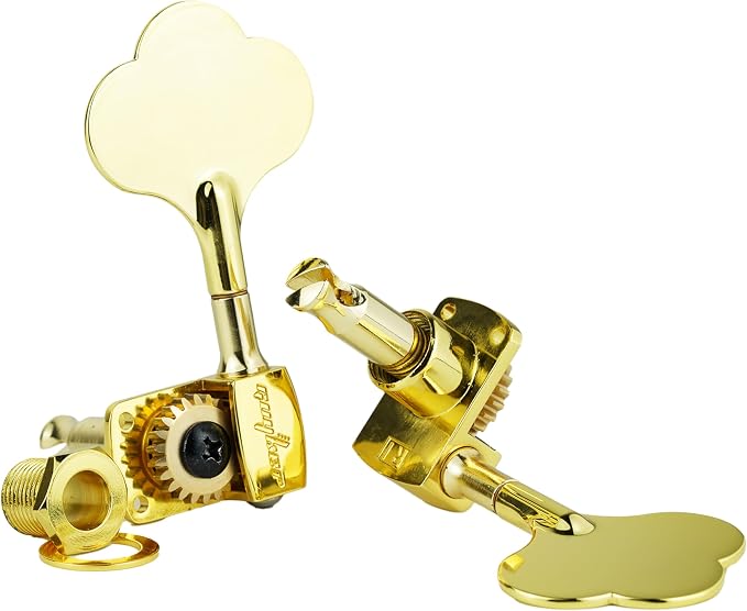 Guyker Bass Tuners (2R + 2L) - 1:22 Ratio Gear Open Frame Bass Drop Locking Machine Head Tuning Key Pegs Replacement for Electric Jazz Guitar Bass or Precision Instruments, BB100 Gold