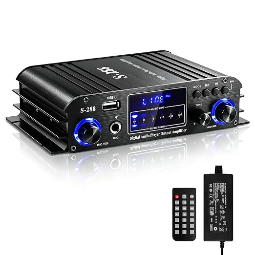 Stereo Audio Amplifier for Home Speakers S-288 Bluetooth 5.0 HiFi Mini Audio Component Amplifiers Receiver 4.0CH RMS 40Wx4 Max. 600W Integrated Power Amp W/USB,FM,Adapter