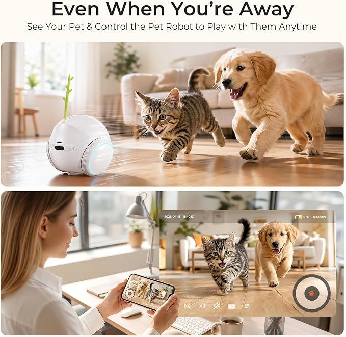 Vivideye Pet Camera 1080P, Movable Robot Security Camera for Dog Cat, Rolling Robot Indoor Camera with Talk,Battery-Operated, Auto-Recharge, Night Vision,SD/Cloud Storage, Pet/Human/Voice Detection