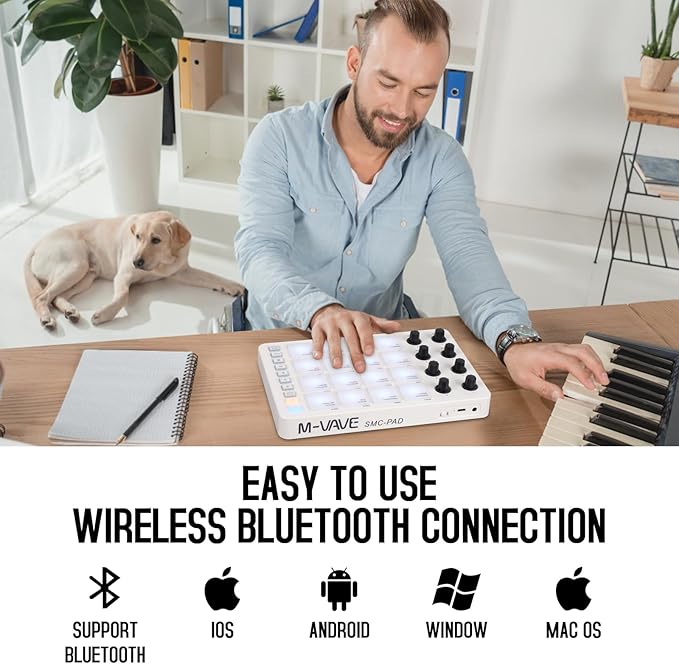Wireless MIDI Controller Pads, Bluetooth Portable USB MIDI Controller with 16 Drum Pads, 8 Assignable Knobs, Note Repeat, Full Level Buttons, Rechargeable battery (White Pad)