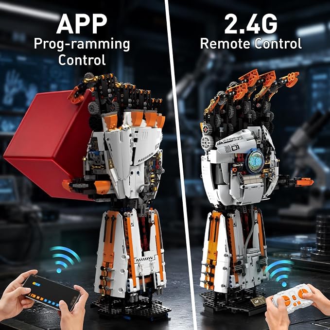 HIGH GODO Technical Mechanical Hand Building Set, STEM Programmable Bionic Robotic Arm Building Kit with Light, Remote Control and App Controlled, Cyber Style Mechanical Set for Adults (1628PCS)