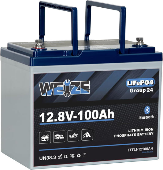 Weize 12V 100Ah Group 24 Bluetooth LiFePO4 Lithium Battery, Built-in 120A BMS, Low-Temp Protection Deep Cycle 500A/3S Peak Discharge Battery for RV, Camping, Solar, Trolling Motor, Home Energy