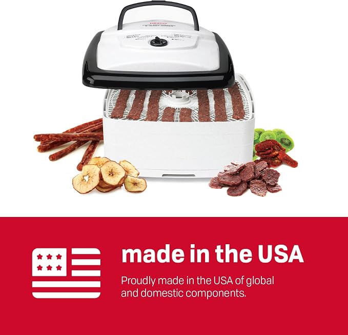 NESCO FD‑80A Square Food Dehydrator for Snacks, Fruit, Beef Jerky, 4‑Tray White Electric Dehydrator with Even Heat Drying