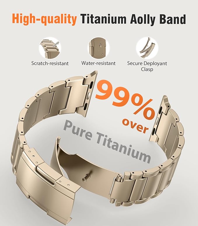 Titanium Band Replacement Compatible with Apple Watch Band Ultra 3 Ultra 2/Ultra 49mm,iWatch Series 11/10 46mm,9/8/7 45mm,SE3/SE2/SE/6/5/4 44mm,3/2/1 42mm, Titanium Watch Band, Champagne Gold