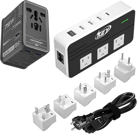 230-Watt Step Down 220V to 110V Voltage Converter & 75W GaN All in One Universal Travel Adapter with 3USB C and 1 USB A