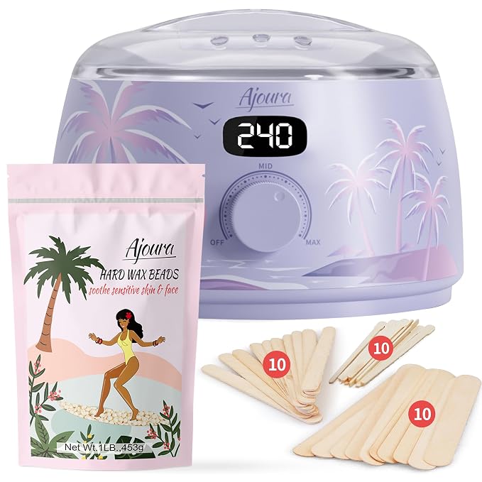 Ajoura 1lb Refill Wax Beans + Hard Wax Warmer for Brazilian & Bikini, Digital Hair Removal Kit with See-Through Lid