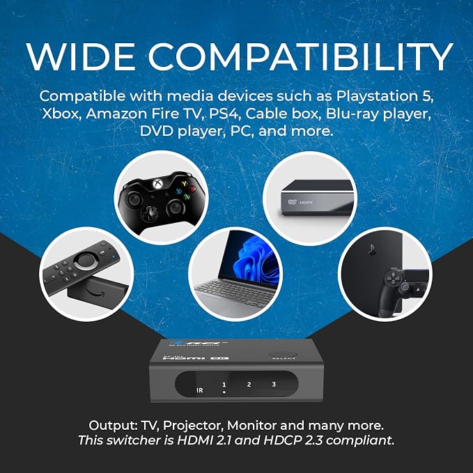 OREI 8K 3-Port HDMI 2.1 Switch, 3-in 1-Out, 8K@60Hz, CEC, HDR, IR Remote