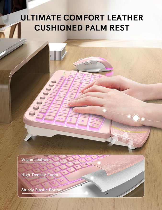SABLUTE Wireless Keyboard and Mouse Combo Ergonomic - MA12Pro Wave Keyboard with Leather Wrist Rest for Comfortable Typing, RGB Backlit Rechargeable for Windows, Mac, PC, Laptop (Pink)