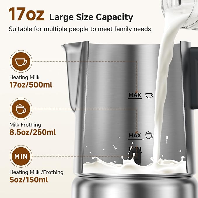 AMZCHEF 8-in-1 Electric Milk Frother and Steamer 600W, 17oz Large Split Stainless Steel Pitcher, Automatic Hot and Cold Foam Maker with LED Display, Milk Warmer for Lattes, Cappuccinos, Macchiato