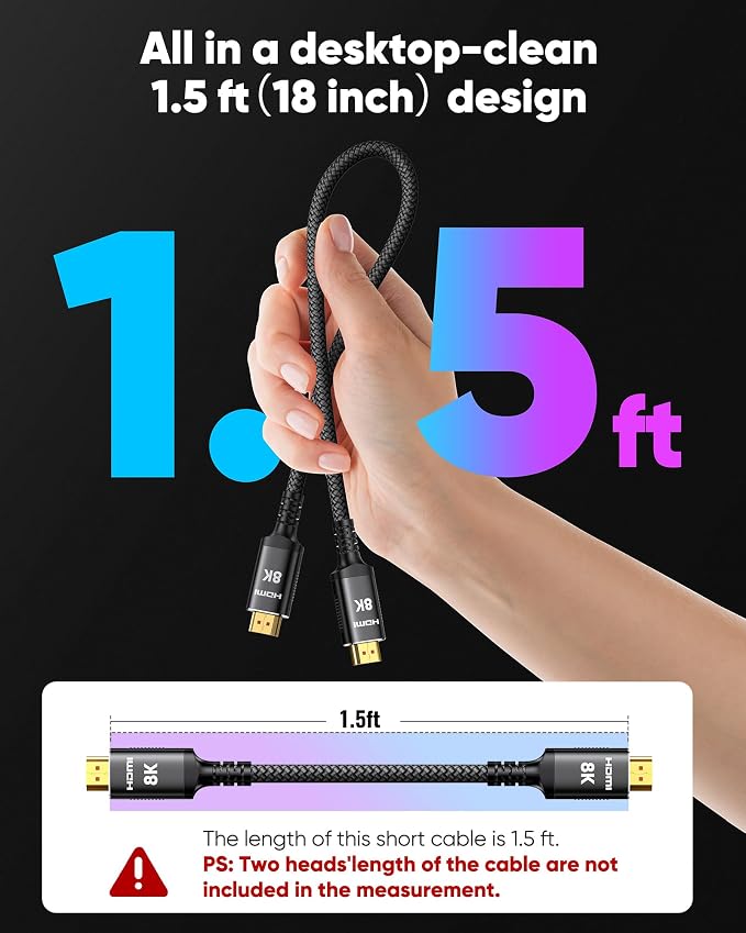 Snowkids 8K HDMI 2.1 Cable 1.5 ft, Non-Slip Nylon Braided, 48Gbps Ultra High-Speed HDMI Cables Cord, 10K 8K@60Hz, 4K@120Hz Compatible for TV/PS-5/X-box/Projector/Sound System & More
